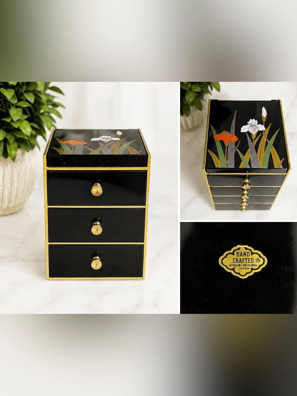Otagiri Black Lacquer 3-Drawer Jewelry Chest with Floral Motif and Gold Trim